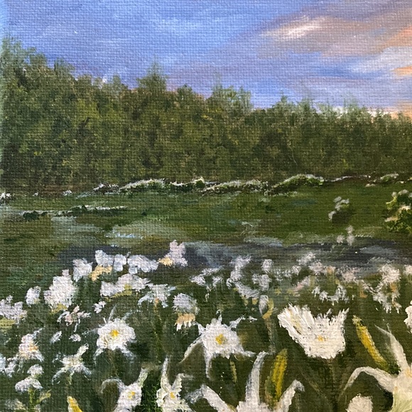 HANDCRAFTED OIL by me of Cahaba Lillies blooming in river, 8 x 10”. $260 - Picture 7 of 7